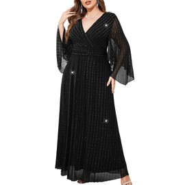 ZOMVA Plus Size Formal Dresses Sparkly V-Neck A Line Glitter Wrap Dress Evening Gown Cocktail Prom Butterfly Sleeve, Black, 2X