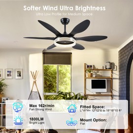 Ceiling Fans with Lights, Black Ceiling Fan with Light and Remote 3CCT Dimmable Light, 6 Blades, Reversible 6 Speeds Flush Mount Slope Ceiling Fan Modern Bedroom Living Room Indoor 51 inch