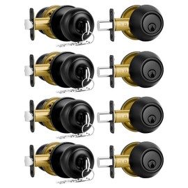Plustool 4 Pack Front Door Lock Set Matte Black,Exterior Door Lock Set with Deadbolt,Single Cylinder Deadbolt Lock and Door Knob Set,Keyed Alike Door Knobs with Lock&Keys,Round Ball Entry Door Lockset