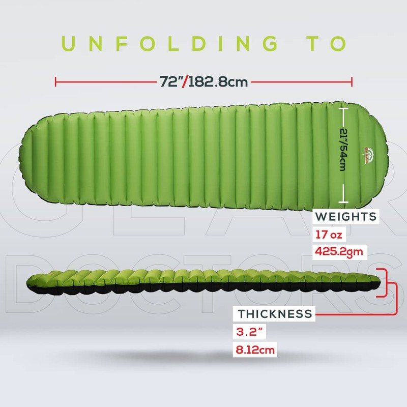 Ultralight 17oz Camping Sleeping pad- Gear Doctors ApolloAir - Compact,
