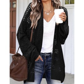 HOTOUCH Black Cardigan for Women Lightweight Thin Spring Crochet Knit Long Sleeve Cardigans Black L