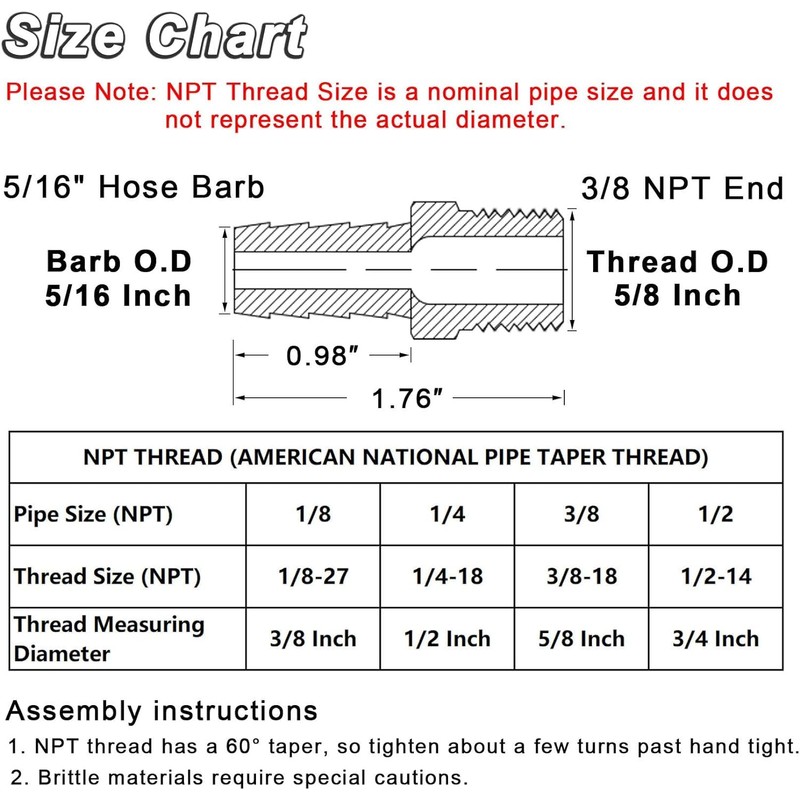 KOOTANS 4pcs 5/16" Hose Barb to 3/8 NPT Male Brass