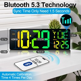 CYMHCHL Large Digital Wall Clock 17.2" Bluetooth Auto Time Sync Led Digital Clock Large Display 11 RGB Colors Auto-Dimming/DST Big Timer with Remote Control for Living Room Classroom Decor Garage Gym