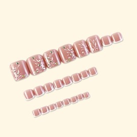 Flower Press on Toe Nails with Rhinestone Design French Tip Press on Toenails Summer Fake Toenails Short Square False Toenails Full Cover Seamless Fit Toe Nail Tips Glue on Toenails for Women 24PCS