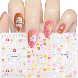 Cartoon Animal Nail Art Stickers, 5D Engraved Nail Self-Adhesive Sticker Design, Cute Dog Bear Rabbit Lion Nail Transfer Decals for Women Girls Manicure Lovely Decorations, Resin Decal Nail Art Tips