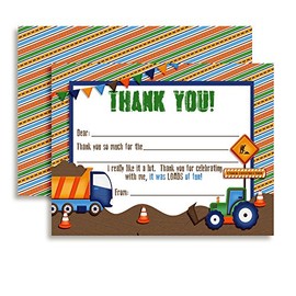 Digger, Dump Truck Construction Thank You Notes for Kids, Ten 4" x 5.5" Fill In The Blank Cards with 10 White Envelopes by AmandaCreation