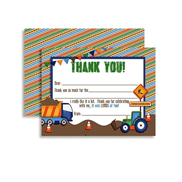 Digger, Dump Truck Construction Thank You Notes for Kids, Ten 4" x 5.5" Fill In The Blank Cards with 10 White Envelopes by AmandaCreation