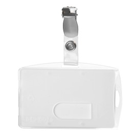 Karteo® ID card holder with thumb slot and clip, card case (54 x 86 mm), horizontal and vertical made of plastic, metal clip with metal push button as ID card holder, card holder for ID cards