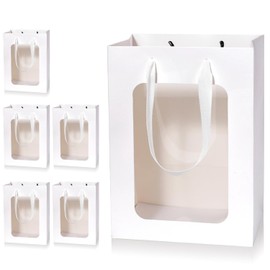 Yerpkefey 6 PCS Paper Gift Bags with Transparent Window Small Kraft Shopping Bags with Handles 9.8"x7.1"x5.1" Party Favor Bags for Present,Wedding,Birthday,Festivals Party (White, 9.8"x7.1"x5.1")