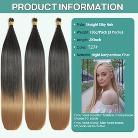 Locescsoc 28 Inch Straight Hair Extensions 150g 3 Packs Bone Straight Braiding Hair, Soft Synthetic Bundles Crochet Braids Hair Bundles for Braiding (1B/27, 28 Incch 3 Packs)