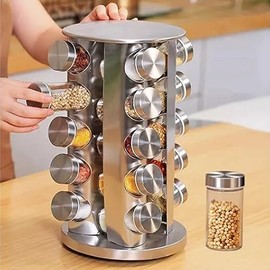 Especiero Giratorio con 20 Frascos de Vidrio, Organizador de Especias para Cocina, Tarros Reutilizables con Tapas Herméticas, Diseño Compacto y...    