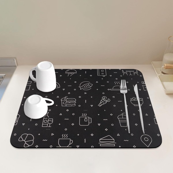 Dish Drying Mat, Diatomaceous Earth, Kitchen, Water Absorption Mat, Tableware: Large 40x50 Cm, 7 Seconds Fully Absorbent, Exclusive Pattern, Washable, Drying Mat, Soft, Quick Drying, Soft, Anti-Slip, Drilling Mat, Oil-Resistant, Easy to Clean (Black)