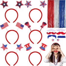 Suncalla 24 Pcs 4th of July Accessory Red White Blue Party Supply, Patriotic American Flag Headband Necklace for Fourth of July Accessory Kit Independence Day Memorial Day Party Parades (6 People)