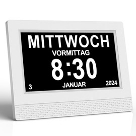 SINOIDEAS - 7 Inch Digital Calendar, Seniors Watch, Dementia Clock with Reminder Function, Clock with Date and Day of the Week (White)