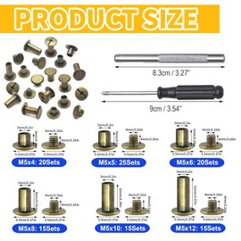 Book Screws, 110 Sets Binding Chicago Screws M5 x 4/5/6/8/10/12 mm Belt Screws with Mounting Tool Screw Rivets for Leather Decoration, Bookbinding, DIY Crafts (Bronze)