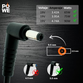 PO WE 19 V 4.74 A 90 W para Toshiba Adaptador AC Cargador de Ordenador Portátil PC Cable de Alimentación Fuente Enchufe 90W, Conector: 5.5x2.5mm