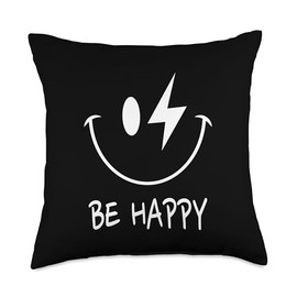 Be Happy 70s Happy Face Lightning Bolt Eye Positive Retro Throw Pillow