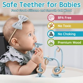 AiTuiTui Baby Teething Toys, Multi Purpose High Chair Suction Teether Toy for Toddler 3 Month+ Old, Sensory Toys with Wooden Ring Suitable for 0-6 Month Infant Gifts, Blue