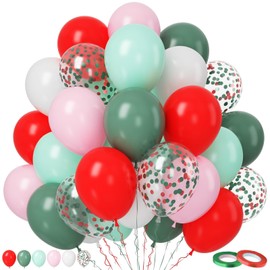 Paready Red and Green Balloons,50Pcs Christmas Balloons, 12 Inch Pastel Pink Retro Bean Green Red White Balloons Red Green Confetti Balloons for Birthday Baby Shower New Year Christmas Party Supplies