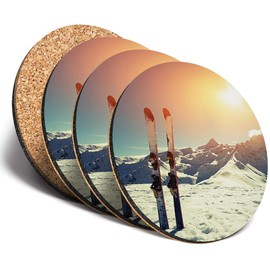Destination Vinyl ltd Great Coasters (Set of 4) Round - Skiies Mountain Skier Skiing Ski Snow Drink Glossy Coasters/Tabletop Protection for Any Table Type #8112