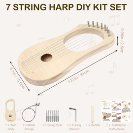 Goghost Lyre Harp 7 String DIY Kit, Wooden Instrument Kit Handmade with Basswood Body Strings Tuning Wrench Saddle Bridge Pins, Easy Assembly for Beginners and DIY Enthusiasts