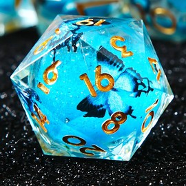 Single D20 22MM Butterfly Liquid Core DND Dice with Resin Sharp Edge 20 Sided D&D Dice, Handmade Polyhedral for Dungeons and Dragons, RPG(Blue)
