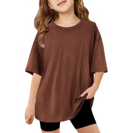 ZDC Girls Short Sleeve T Shirts Kids Summer Oversized Tops Trendy Crewneck Basic Tees 5-14Y Brown