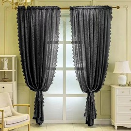 F-CHU Black Lace Curtains 72 drop Pair Voile Net Curtains for Windows Victorian Sheer Curtains 140cm Width x 183cm Drop (55"x 72") Black Curtains