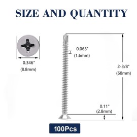 #10 x 2-3/8" Sheet Metal Screws 100Pcs 410 Stainless Steel Flat Head Tek Screws Fast Self Tapping Screws by SG TZH