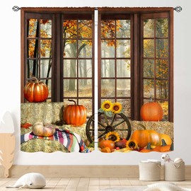 Thanksgiving Curtains, Fall Autumn Fair Fantasy Forest Landscape Scenery Pumpkin Harvest Maple Leaves Rustic Farmhouse Orange Home Decor for Living Room Bedroom Kitchen Party 2 Panels, 42"x63" Inch