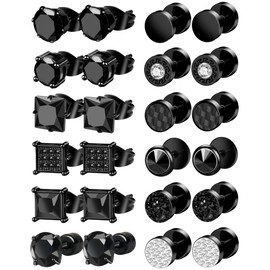 ONESING 12 Pairs Black Earrings for Men Stainless Steel Mens Earrings Stud Hypoallergenic Square Cubic Zirconia Stud Earrings Set for Multiple Piercing