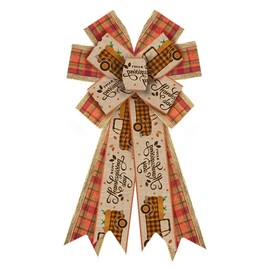 Large Fall Bow for Wreath, Burlap Orange Green Red Plaid Wreath Bow for Autumn Décor Truck Thanksgiving Bow for Front Door Indoor Outdoor Wall Tree Topper Decoration Supplies Thanksgiving Ornament