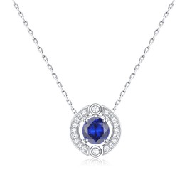 Dainty September Sapphire Birthstone Necklace, 925 Sterling Silver Round Solitaire Pendant Necklaces with Blue Cubic Zirconia, Sparkling Gemstone Crystals Jewelry, Birthday Gifts for Teen Girls Women