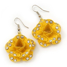 Yellow Enamel Crystal Rose Drop Earrings/Silver Plating/ 50mm Long
