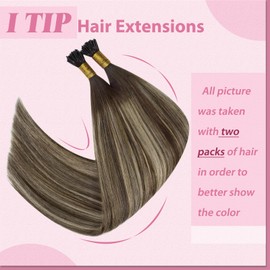 YoungSee I Tips Hair Extensions Human Hair Balayage Brown 18 Inch Itip Human Hair Extensions I Tip Hair Extensions Ombre Dark Brown with Ash Blonde Hair Extensions Real Human Hair 60 Strands 50g