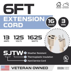 Iron Forge Cable Beige Outdoor Extension Cord 6 ft, 16/3 Weatherproof Light Brown Extension Cord 3 Prong for Indoor & Outdoor, 13 AMP SJTW Electrical Cable for Lights Decoration, Landscaping, Tools