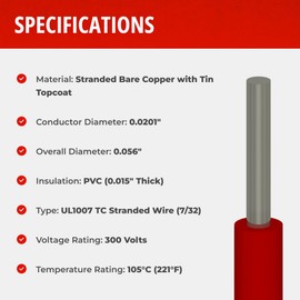 24 AWG Gauge UL1007 Stranded Topcoat Hook Up Wire, 300V, 0.056" Diameter, White, 1000 ft Length