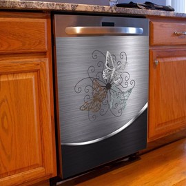 Imitation Metal Style Background Butterfly Pattern Magnetic Dishwasher Cover Sticker,Refrigerator Magnet Cover Sticker Fridge Magnetic Kitchen Decal Vinyl Panel 23W x 26H inchs