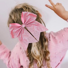 KISZU Hair Clips, Large Big 7inch Sequin Glitter Cheer Bow Clips for Women and Girls, Jumbo Giant Bow Clips Ponytail Holder Big Hair Clips Costume Accessories, Pink