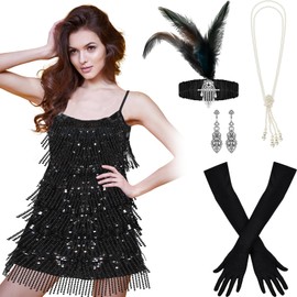 Shinymoon Women 1920s Sequin Flapper Dress with 20s Costumes Accessories Set Pearl Necklace Earrings Headband Gloves(Large)