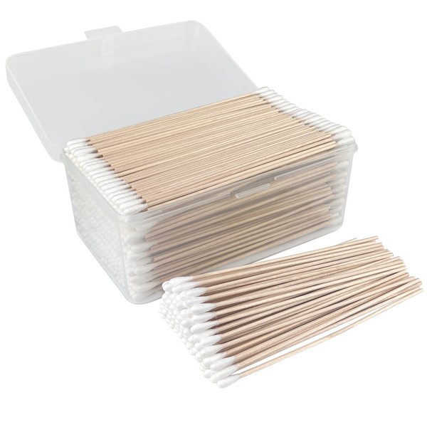 600 PCS 6 Inch Long Cotton Swabs With Reusable Box - 100% Natural Cotton Buds With Wooden Sticks - Non Sterile Cotton Tipped Applicators For Dogs Ear & Gun Cleaning Tools, Makeup Remover