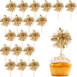 20 Pcs Aluminum Foil Fireworks Cupcake Toppers, Baseball Cupcake Toppers, Birthday Cupcake Decorations for Birthday Parties, Weddings, Graduation Ceremonies (Gold)