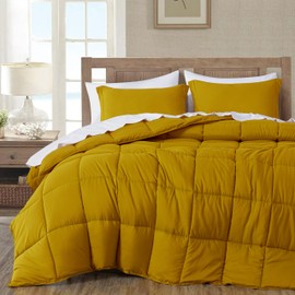 Chezmoi Collection 3-Piece Mustard Comforter Set Oversized Queen - 110GSM Peach Skin Microfiber Polyester - Lightweight All Season Down Alternative Comforter - Box Stitched Duvet Insert w/Corner Tabs