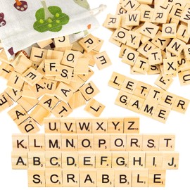 PINOWU - 200 piezas de azulejos de madera para juego de crucigramas de Scrabble, letras de repuesto para manualidades, decoración de regalos, álbumes de recortes y fabricación de posavasos del alfabeto