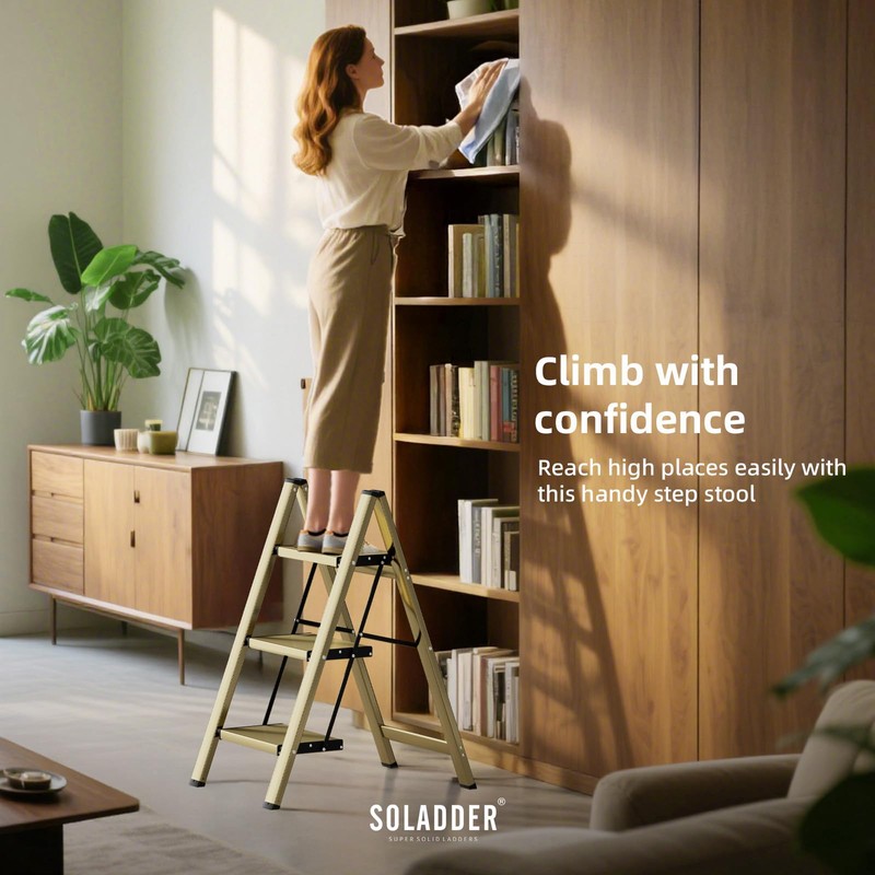 SOLADDER 3 Step Ladder, Anti-Slip and Lightweight Foldable Step Ladder