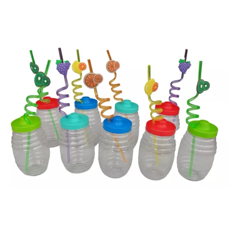 Mini Vitrolero De Plastico De 500ml Con Popote Espiral 12pzs