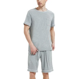 GYS Men's Bamboo Viscose Pajamas Set Short Sleeve Top and Shorts Pjs Sleep Set Soft Two-Piece Sleepwear with Pockets, Heather Grey, Large