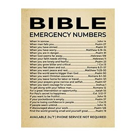 Bible Emergency Numbers – Christian Wall Decor Print, Vintage Inspirational Faith Art for Living Room, Office, Church, or Room Decor (Natural Oak Framed, 11 x 14 inches)