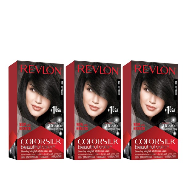 REVLON Colorsilk Beautiful Color Permanent Hair Color with 3D Gel Technology & Keratin, 100% Gray Coverage Hair Dye, 11 Soft Black, 4.4 oz (Pack of 3)