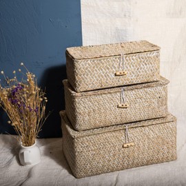 3 Pcs Wicker Shelf Storage Baskets with Lid Handwoven Seagrass Rectangular Box with Cover Household Woven Rattan Organizer Bins Shelf Wardrobe Organizer (White)